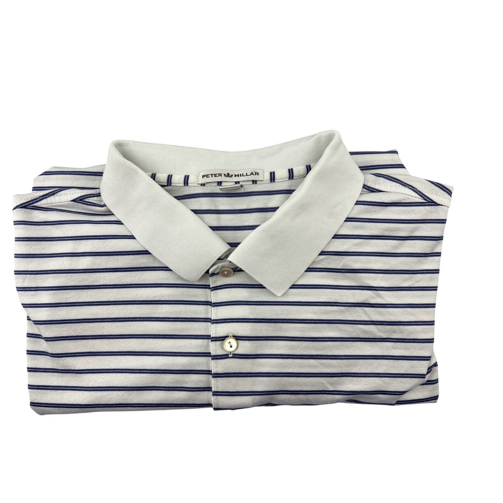 Peter Millar Mens Large White Navy Blue Striped Cotton Golf Polo Shirt Short Slv - Picture 7 of 8